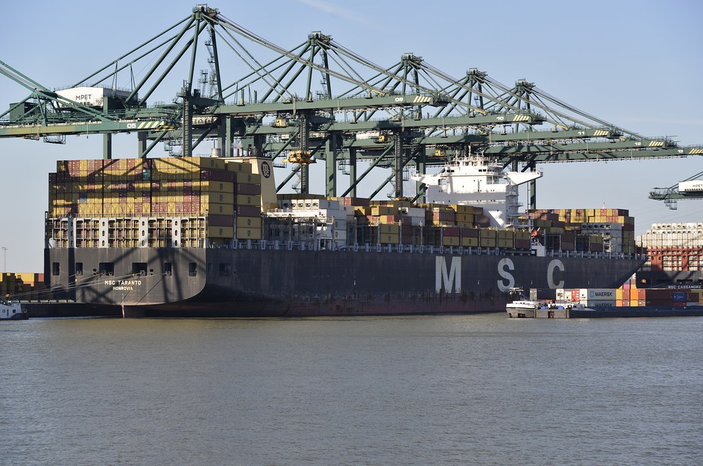 Containerschip onder de kranen in de haven van Antwerpen